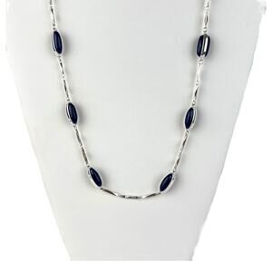 Liz Claiborne Necklace Blue Oval Smooth Stones Station Silver Tone Bar Chain Vtg